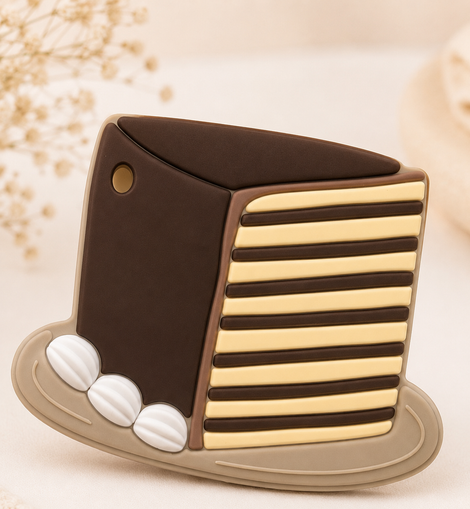 Decorative item resembling a top hat with striped design on a textured beige background