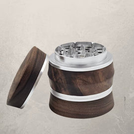 walnut and aluminum herb grinder with magnetic lid and mesh screen