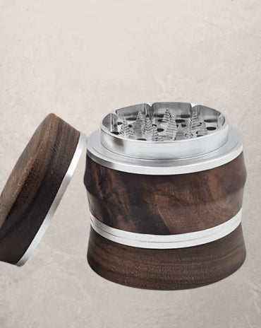 walnut and aluminum herb grinder with magnetic lid and mesh screen