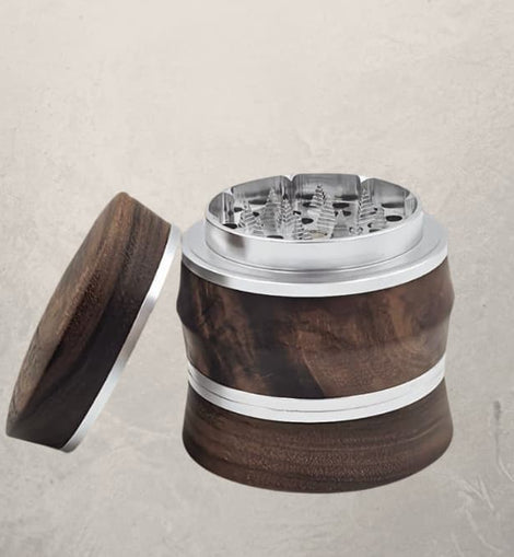 walnut and aluminum herb grinder with magnetic lid and mesh screen