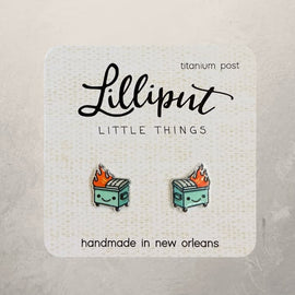 dumpster fire stud earrings with smiling cartoon design, handmade acrylic earrings with titanium posts