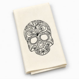 Cream kitchen tea towel featuring an intricate black embroidered sugar skull design.