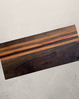 Evangeline cheese board in walnut with cherry stripes, 8x18 charcuterie board perfect for entertaining and serving cheese and meats