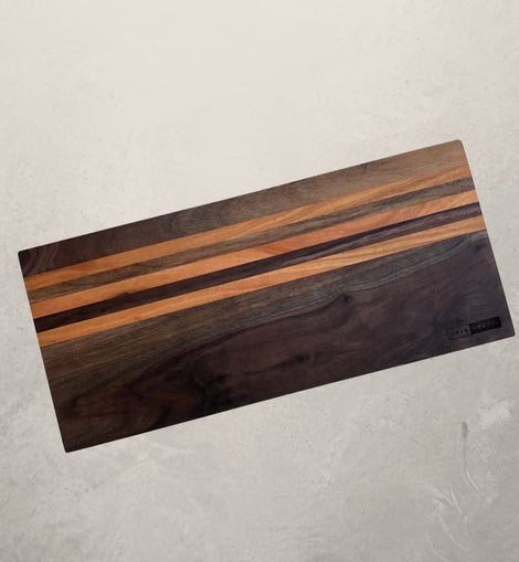 Evangeline cheese board in walnut with cherry stripes, 8x18 charcuterie board perfect for entertaining and serving cheese and meats