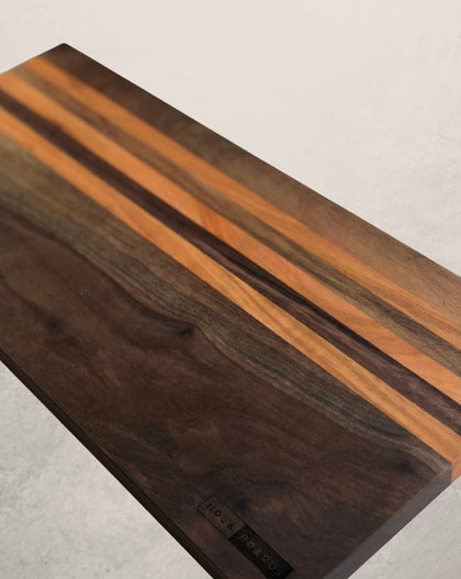 Evangeline cheese board in walnut with cherry stripes, 8x18 charcuterie board perfect for entertaining and serving cheese and meats