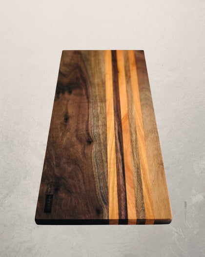 Evangeline cheese board in walnut with cherry stripes, 8x18 charcuterie board perfect for entertaining and serving cheese and meats