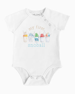 "My First Snoball" baby onesie by Nola Tawk in white organic cotton with colorful snoball design, size 6–12 months