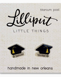 graduation cap stud earrings with gold tassel on titanium posts
