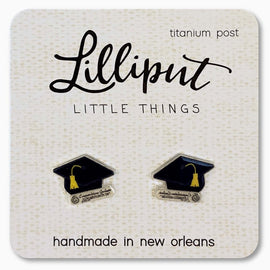 graduation cap stud earrings with gold tassel on titanium posts