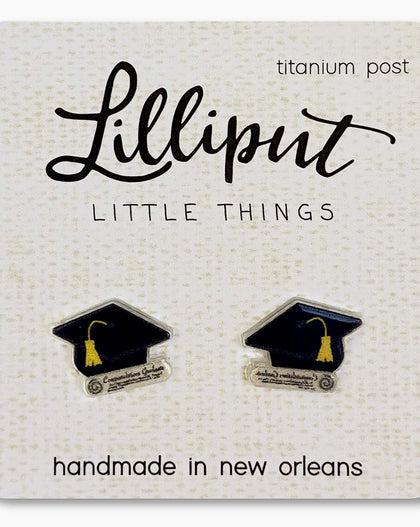 graduation cap stud earrings with gold tassel on titanium posts