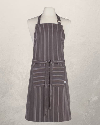 granite gray pinstripe chef apron with adjustable straps and pockets