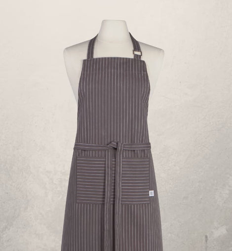granite gray pinstripe chef apron with adjustable straps and pockets