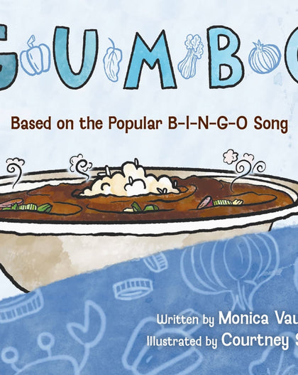 Gumbo children’s book cover and illustration featuring a chef cooking gumbo with Louisiana ingredients inspired by the BINGO song