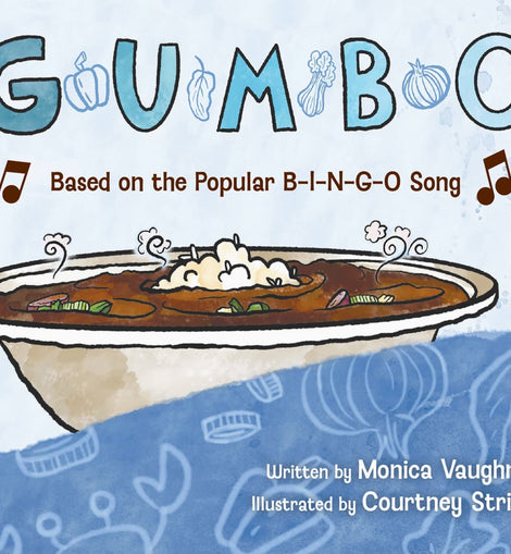 Gumbo children’s book cover and illustration featuring a chef cooking gumbo with Louisiana ingredients inspired by the BINGO song