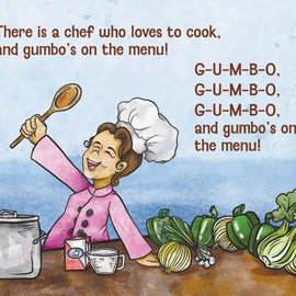 Gumbo children’s book cover and illustration featuring a chef cooking gumbo with Louisiana ingredients inspired by the BINGO song
