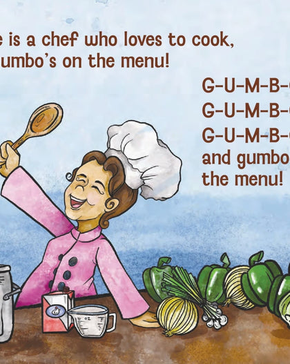 Gumbo children’s book cover and illustration featuring a chef cooking gumbo with Louisiana ingredients inspired by the BINGO song
