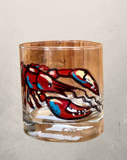hand painted crawfish rocks glass with colorful design, New Orleans cocktail and whiskey glass