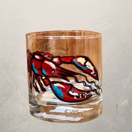 hand painted crawfish rocks glass with colorful design, New Orleans cocktail and whiskey glass