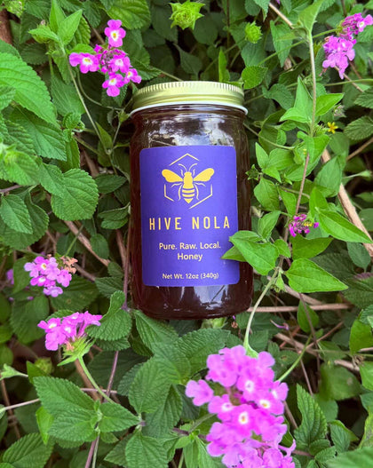 Jar of Hive Nola honey surrounded by green leaves and pink flowers