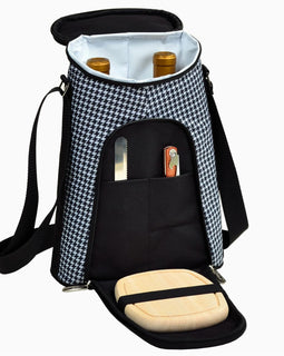 Black and white houndstooth wine tote with corkscrew, cheese knife, and cutting board