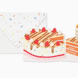 petite interactive birthday card with pull tab pop up cake design, colorful cake illustration with candle and sprinkles