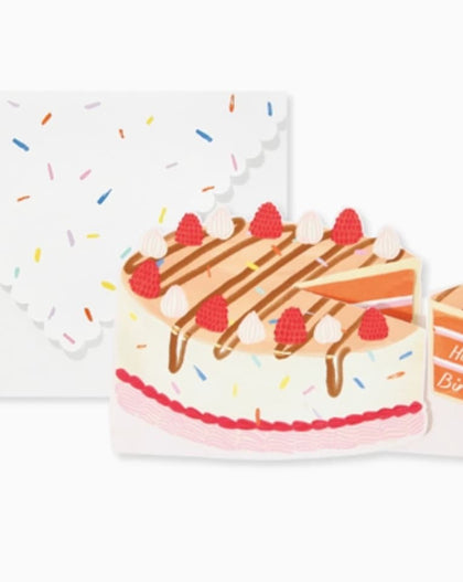 petite interactive birthday card with pull tab pop up cake design, colorful cake illustration with candle and sprinkles