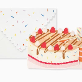 petite interactive birthday card with pull tab pop up cake design, colorful cake illustration with candle and sprinkles