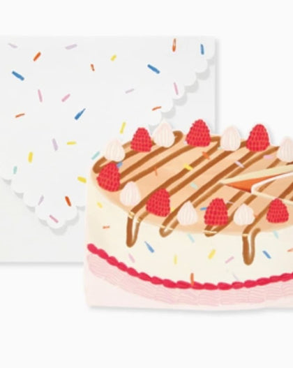 petite interactive birthday card with pull tab pop up cake design, colorful cake illustration with candle and sprinkles