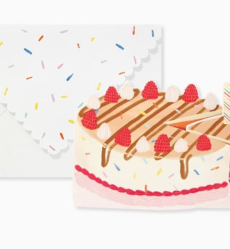 petite interactive birthday card with pull tab pop up cake design, colorful cake illustration with candle and sprinkles