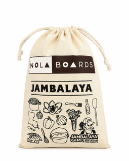 A beige canvas drawstring pouch featuring black printed graphics and text, including 'NOLA BOARDS', 'JAMBALAYA', and food-themed illustrations, on a white background.