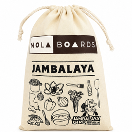 A beige canvas drawstring pouch featuring black printed graphics and text, including 'NOLA BOARDS', 'JAMBALAYA', and food-themed illustrations, on a white background.