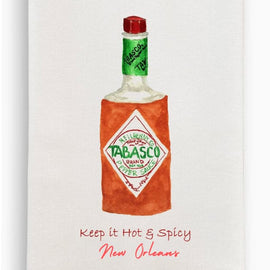 New Orleans kitchen towel with hot sauce bottle illustration and “Keep it Hot & Spicy” text, decorative dish towel with Louisiana theme