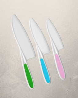 three piece kids safety knife set with colorful handles