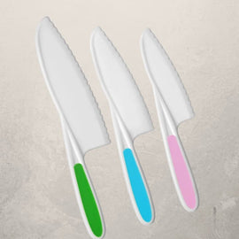 three piece kids safety knife set with colorful handles