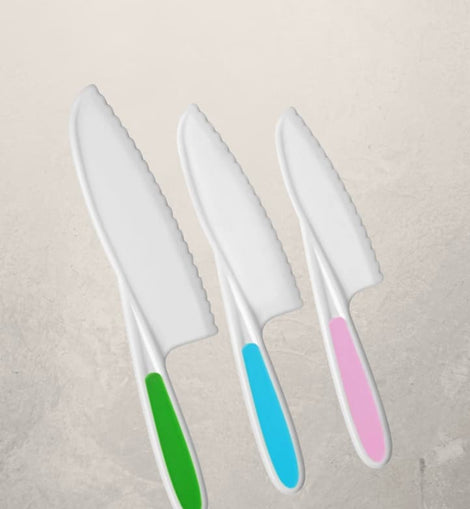 three piece kids safety knife set with colorful handles