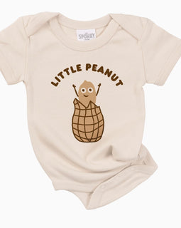 Organic cotton baby bodysuit with “Little Peanut” design in size 6–12 months.