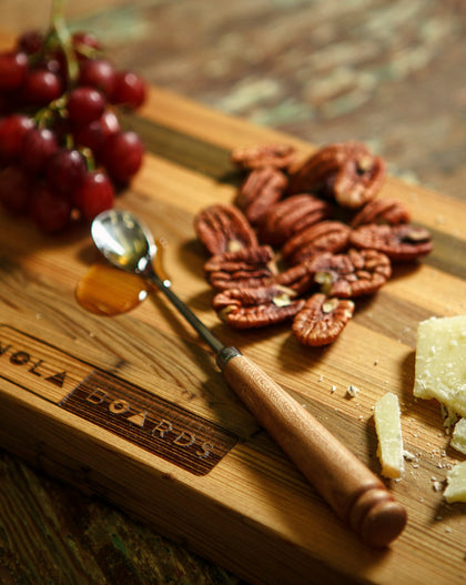 Longhair long narrow charcuterie board in walnut or sinker cypress, 24 inch serving board inspired by New Orleans jazz musician Professor Longhair