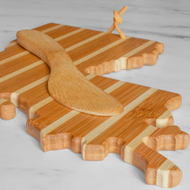 Louisiana shaped bamboo cheese board with pinstripe design and matching spreader knife, gift set for serving cheese and snacks