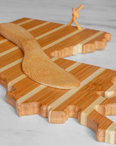 Louisiana shaped bamboo cheese board with pinstripe design and matching spreader knife, gift set for serving cheese and snacks