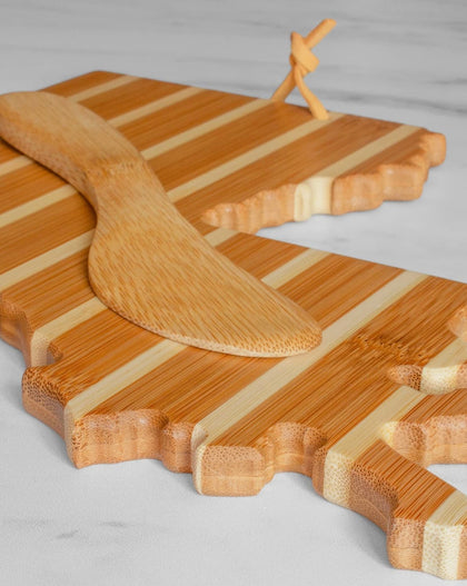 Louisiana shaped bamboo cheese board with pinstripe design and matching spreader knife, gift set for serving cheese and snacks