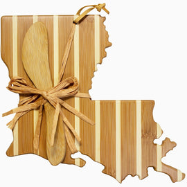 Louisiana shaped bamboo cheese board with pinstripe design and matching spreader knife, gift set for serving cheese and snacks
