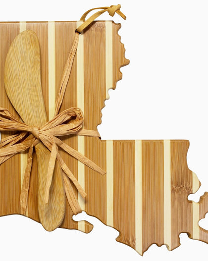 Louisiana shaped bamboo cheese board with pinstripe design and matching spreader knife, gift set for serving cheese and snacks