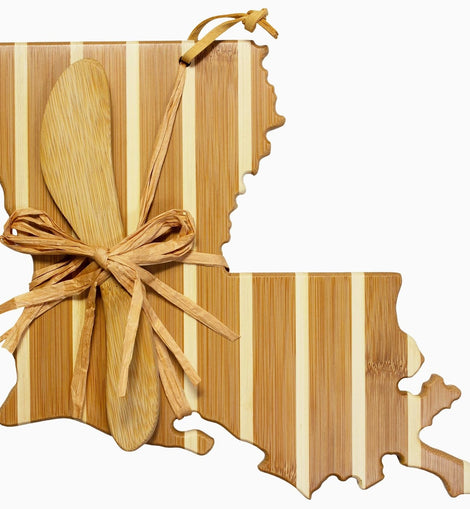 Louisiana shaped bamboo cheese board with pinstripe design and matching spreader knife, gift set for serving cheese and snacks