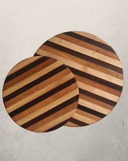 Round mixed wood Lazy Susan with cherry, maple, and walnut, rotating serving tray for charcuterie and dining table centerpiece