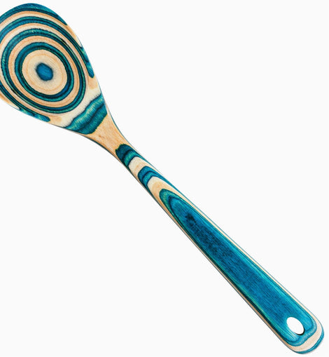 Mykonos Collection Wooden Cooking Spoon with teal and cream swirl design