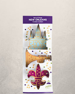 set of three New Orleans cookie cutters including fleur de lis, trumpet, and cathedral shapes