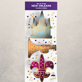 set of three New Orleans cookie cutters including fleur de lis, trumpet, and cathedral shapes