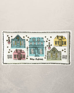 rectangular serving tray with colorful New Orleans creole cottage illustrations