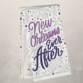 white tea towel with purple New Orleans Ever After design