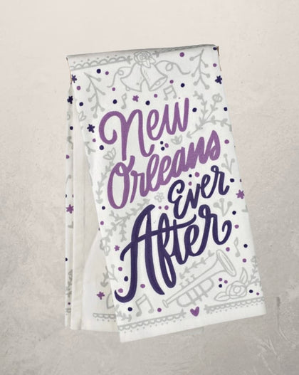 white tea towel with purple New Orleans Ever After design